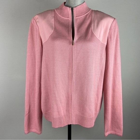 NWOT St. John designer pink knit cardigan sweater wool rayon silk elbow patches - Picture 2 of 11